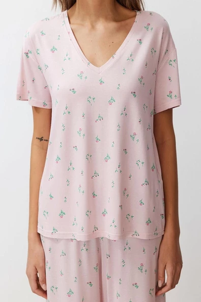 Kadın Viskon V Yaka Kısa Kol Çiçekli Örme Pijama Takımı