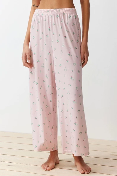 Kadın Viskon V Yaka Kısa Kol Çiçekli Örme Pijama Takımı - 5