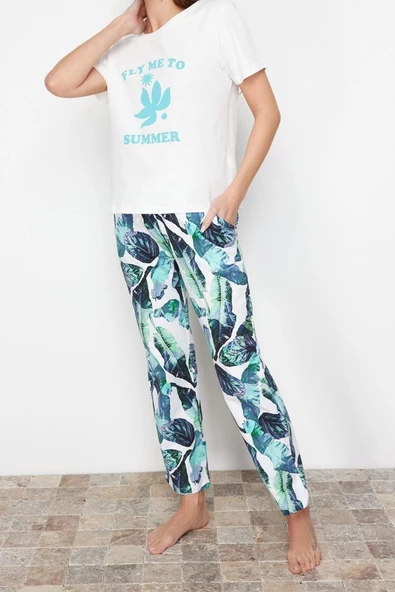 Kadın Pamuklu Bisiklet Yaka Kısa Kol Pamuklu Çiçekli Örme Pijama Takımı - 3