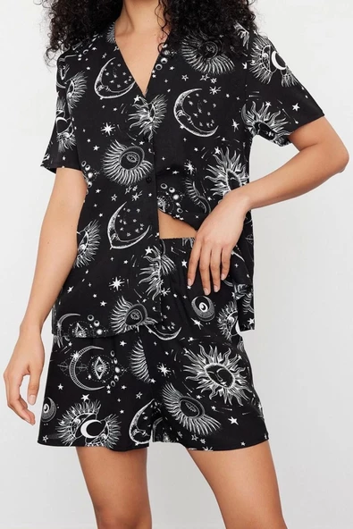 Kadın Viskon V Yaka Kısa Kol Kadın Couple Çift Galaksi Desenli Viskon Dokuma Pijama Takımı - 3