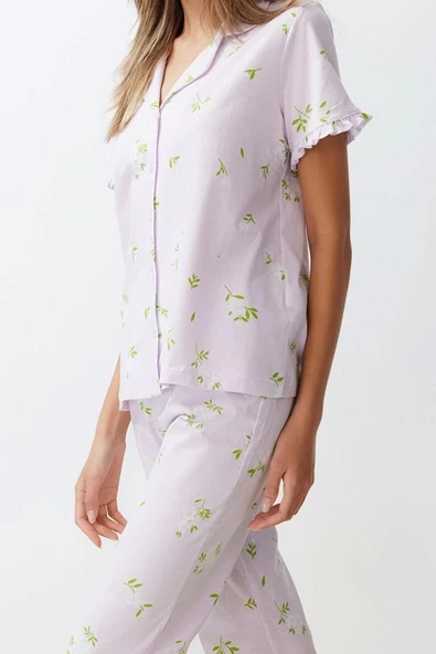 Kadın %100 Pamuk Gömlek Yaka Kısa Kol %100 Pamuk Çiçekli Fırfır Detaylı Örme Pijama Takımı - 3