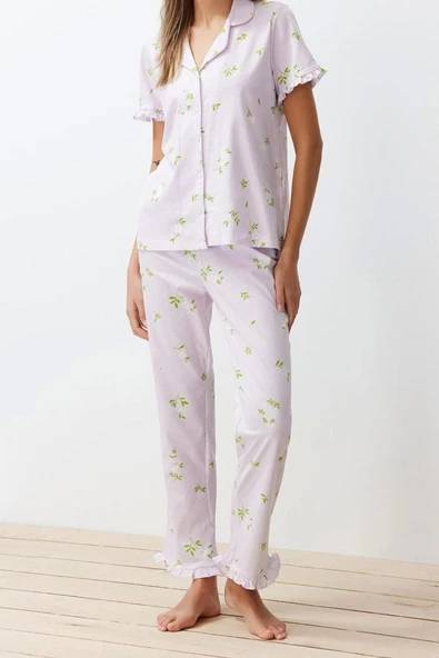 Kadın %100 Pamuk Gömlek Yaka Kısa Kol %100 Pamuk Çiçekli Fırfır Detaylı Örme Pijama Takımı - 2