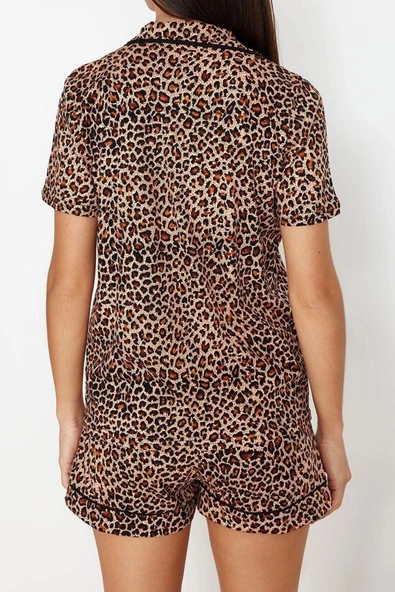 Kadın %100 Pamuk Gömlek Yaka Kısa Kol %100 Pamuk Leopar Desenli Örme Pijama Takımı - 6