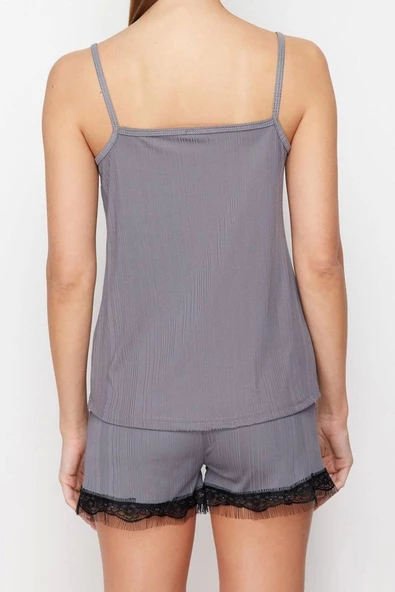 Kadın Viskon Havuz Yaka Askılı Kol İp Askılı Fitilli Kurdele Fiyonk Detaylı Örme Pijama Takımı - 6