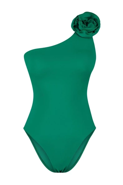 Kadın Destekli Askılı Slip Yaka Zümrüt Yeşili Tek Omuz Çiçek Aplikeli Regular Mayo