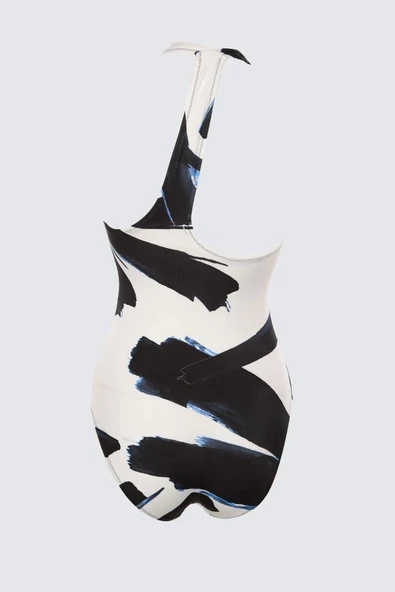 Kadın Destekli Askılı Brazilian Yaka Soyut Desenli Tek Omuz Cut Out Pencereli Regular Mayo - 6