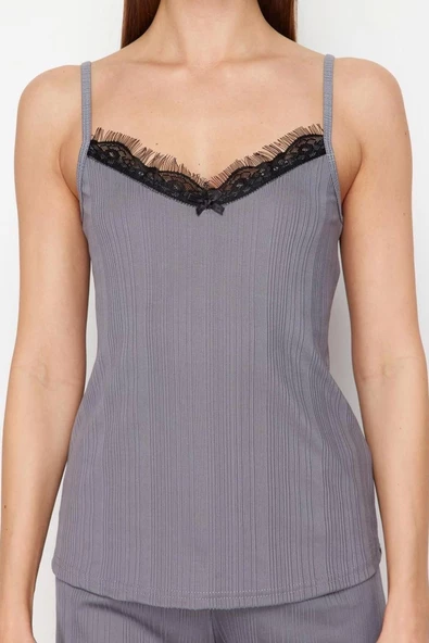 Kadın Viskon Havuz Yaka Askılı Kol İp Askılı Fitilli Kurdele Fiyonk Detaylı Örme Pijama Takımı