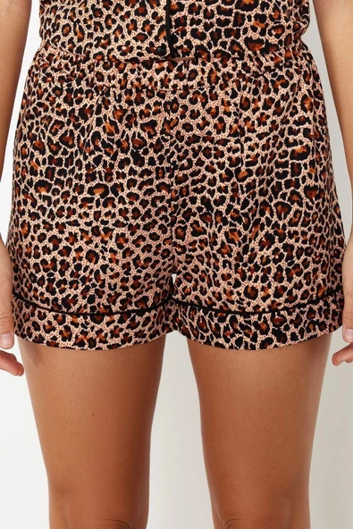 Kadın %100 Pamuk Gömlek Yaka Kısa Kol %100 Pamuk Leopar Desenli Örme Pijama Takımı - 5