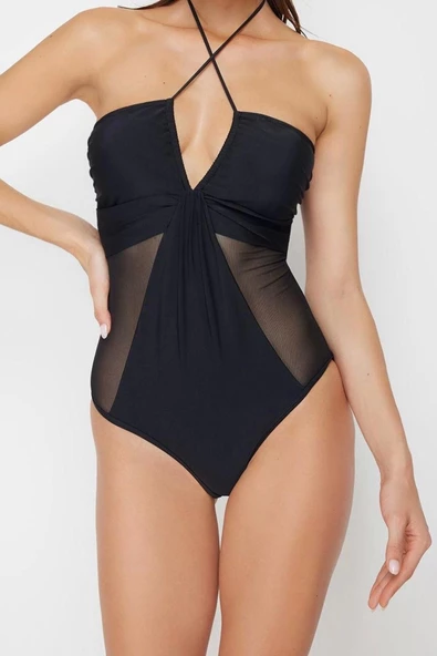 Kadın Destekli Askılı Brazilian Yaka Siyah Straplez Mesh Detaylı High Leg Regular Mayo - 3