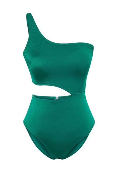 Kadın Destekli Cut Out Tek Kol Carmen Yaka Yeşil Tek Omuz Cut Out Pencereli Regular Mayokini