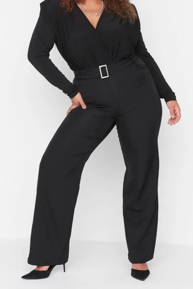 Kadın Yeni Moda Büyük Beden Geniş Paça Uzun Boy Dokuma Kemerli Kumaş Pantolon - 4