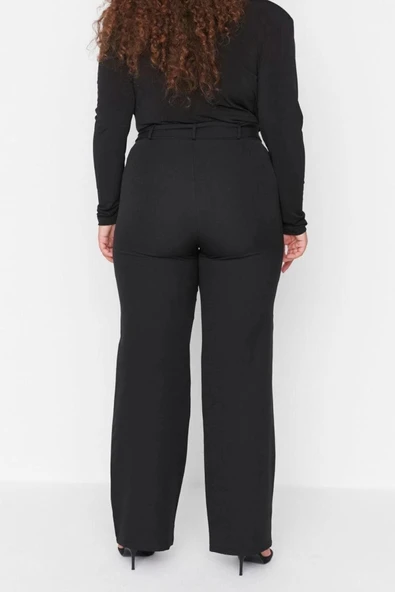 Kadın Yeni Moda Büyük Beden Geniş Paça Uzun Boy Dokuma Kemerli Kumaş Pantolon - 5