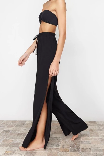 Kadın Yeni Moda Geniş Paça Uzun Boy Dokuma Siyah Yırtmaçlı Pantolon - 3