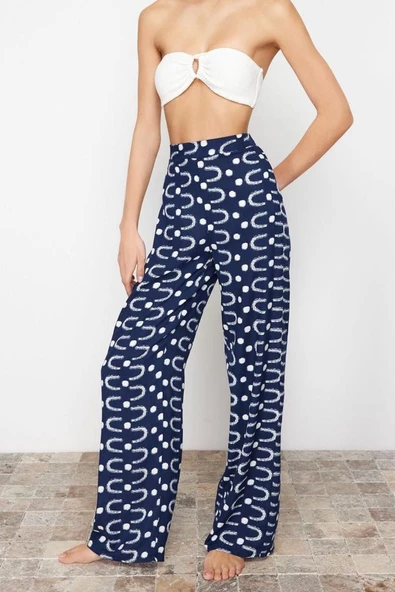 Kadın Yeni Moda Geniş Paça Uzun Boy Dokuma Geometrik Desenli Pantolon - 3