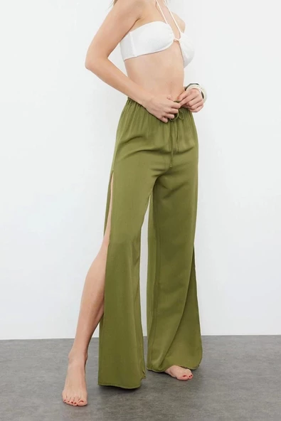 Kadın Yeni Moda Geniş Paça Uzun Boy Dokuma Haki Yırtmaçlı Pantolon - 3