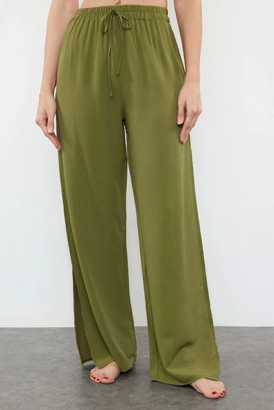 Kadın Yeni Moda Geniş Paça Uzun Boy Dokuma Haki Yırtmaçlı Pantolon - 4