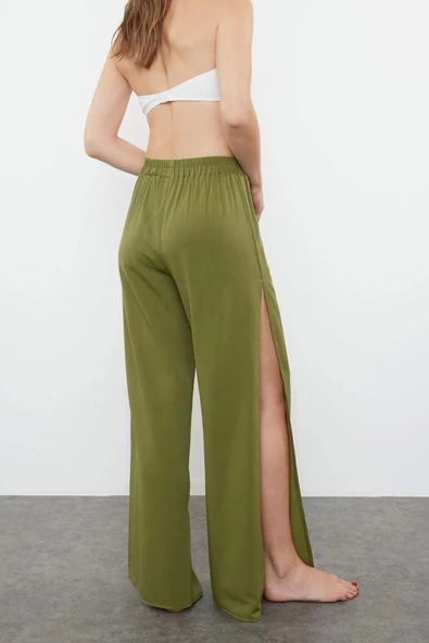 Kadın Yeni Moda Geniş Paça Uzun Boy Dokuma Haki Yırtmaçlı Pantolon - 6