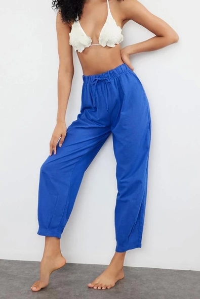 Kadın Yeni Moda Lastikli Paça Uzun Boy Dokuma Saks Pantolon - 3