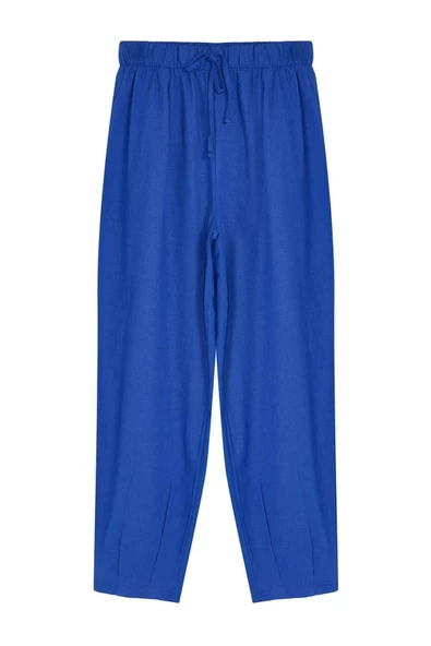 Kadın Yeni Moda Lastikli Paça Uzun Boy Dokuma Saks Pantolon