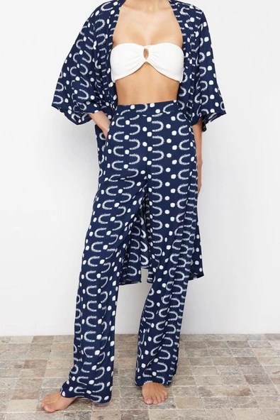 Kadın Yeni Moda Geniş Paça Uzun Boy Dokuma Geometrik Desenli Pantolon - 2