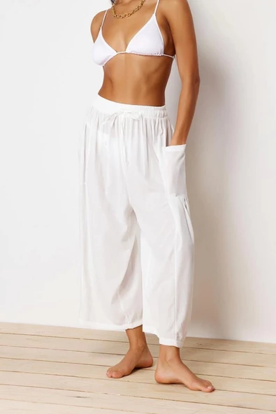 Kadın Yeni Moda Boru Paça Regular Boy Dokuma Beyaz Pantolon - 3