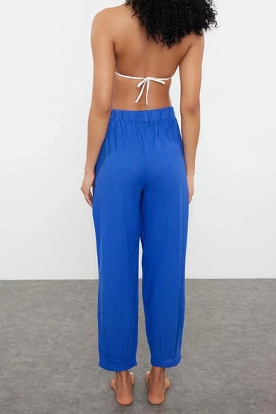 Kadın Yeni Moda Lastikli Paça Uzun Boy Dokuma Saks Pantolon - 6