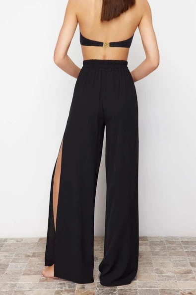 Kadın Yeni Moda Geniş Paça Uzun Boy Dokuma Siyah Yırtmaçlı Pantolon - 6