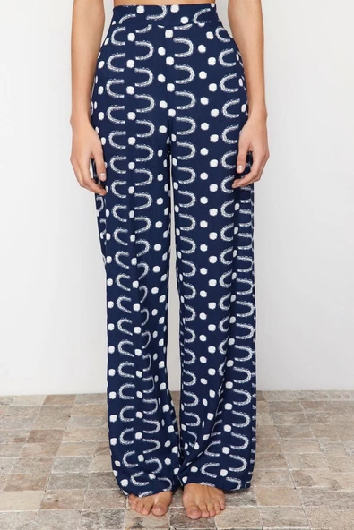 Kadın Yeni Moda Geniş Paça Uzun Boy Dokuma Geometrik Desenli Pantolon