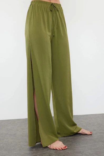 Kadın Yeni Moda Geniş Paça Uzun Boy Dokuma Haki Yırtmaçlı Pantolon - 5