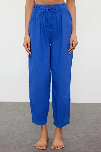 Kadın Yeni Moda Lastikli Paça Uzun Boy Dokuma Saks Pantolon - 4