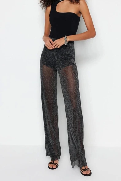 Kadın Yeni Moda Geniş Paça Regular Boy Örme Bol Paça Astarlı Parıltılı Örme File Pantolon - 2