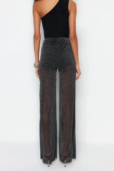 Kadın Yeni Moda Geniş Paça Regular Boy Örme Bol Paça Astarlı Parıltılı Örme File Pantolon - 6