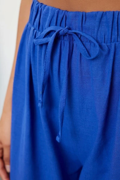 Kadın Yeni Moda Lastikli Paça Uzun Boy Dokuma Saks Pantolon - 5