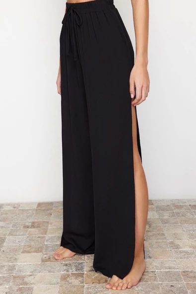 Kadın Yeni Moda Geniş Paça Uzun Boy Dokuma Siyah Yırtmaçlı Pantolon - 5