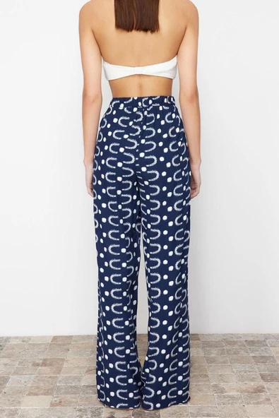 Kadın Yeni Moda Geniş Paça Uzun Boy Dokuma Geometrik Desenli Pantolon - 6