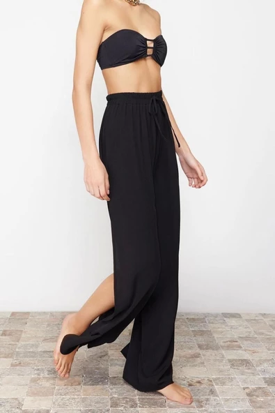 Kadın Yeni Moda Geniş Paça Uzun Boy Dokuma Siyah Yırtmaçlı Pantolon - 4