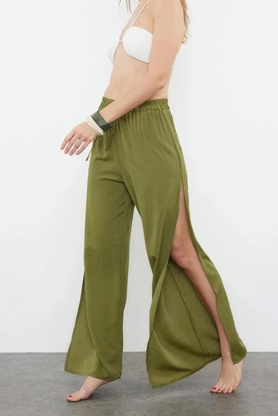 Kadın Yeni Moda Geniş Paça Uzun Boy Dokuma Haki Yırtmaçlı Pantolon - 2
