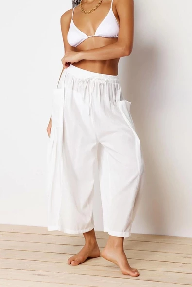 Kadın Yeni Moda Boru Paça Regular Boy Dokuma Beyaz Pantolon - 2