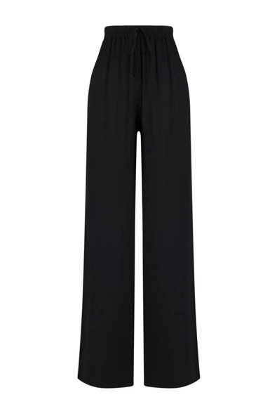 Kadın Yeni Moda Geniş Paça Uzun Boy Dokuma Siyah Yırtmaçlı Pantolon