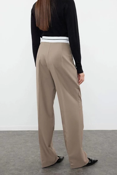 Kadın Yeni Moda Boru Paça Regular Boy Dokuma Wide Leg Geniş Paça Yüksek Bel Kemer Detaylı Pantolon - 5