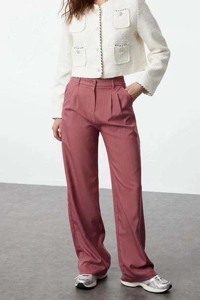 Kadın Yeni Moda Geniş Paça Regular Boy Dokuma Geniş Paça Wide Leg Pilili Pantolon - 2