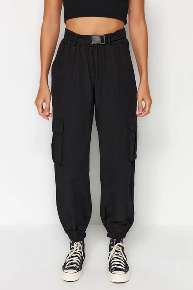 Kadın Yeni Moda Lastikli Paça Regular Boy Dokuma Kargo Cepli Pantolon