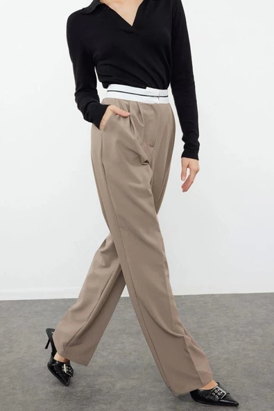 Kadın Yeni Moda Boru Paça Regular Boy Dokuma Wide Leg Geniş Paça Yüksek Bel Kemer Detaylı Pantolon - 3