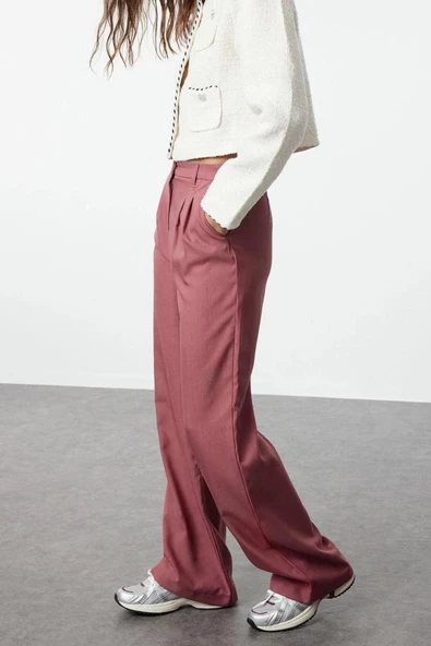 Kadın Yeni Moda Geniş Paça Regular Boy Dokuma Geniş Paça Wide Leg Pilili Pantolon - 3