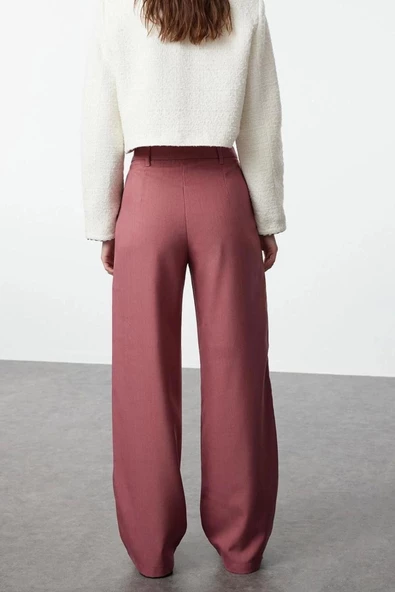 Kadın Yeni Moda Geniş Paça Regular Boy Dokuma Geniş Paça Wide Leg Pilili Pantolon - 5