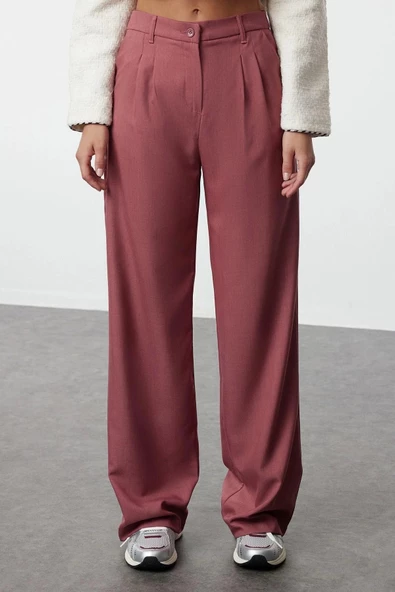 Kadın Yeni Moda Geniş Paça Regular Boy Dokuma Geniş Paça Wide Leg Pilili Pantolon