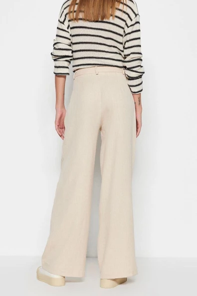 Kadın Yeni Moda Geniş Paça Uzun Boy Dokuma Keten Görünümlü Wide Leg Geniş Paça Pantolon - 5