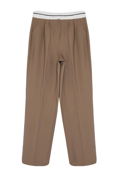 Kadın Yeni Moda Boru Paça Regular Boy Dokuma Wide Leg Geniş Paça Yüksek Bel Kemer Detaylı Pantolon - 6