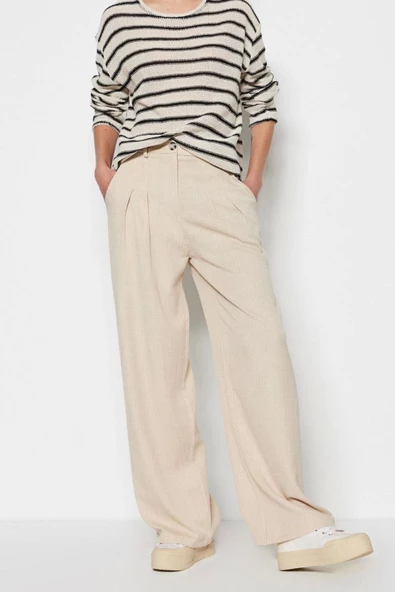 Kadın Yeni Moda Geniş Paça Uzun Boy Dokuma Keten Görünümlü Wide Leg Geniş Paça Pantolon - 2