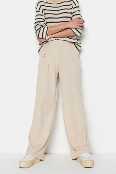 Kadın Yeni Moda Geniş Paça Uzun Boy Dokuma Keten Görünümlü Wide Leg Geniş Paça Pantolon - 4